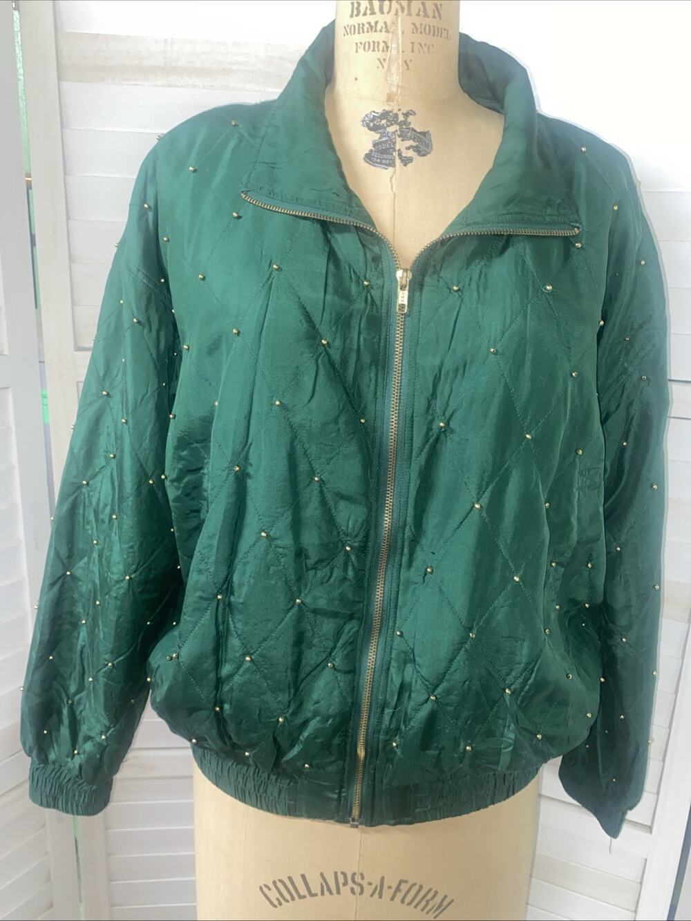 Selene Sport 100% Silk Green Bomber Women’s Collared Jacket Large Zipper Front